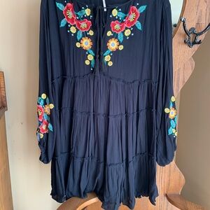 Free People Boho Black Gauze Embroidered Dress